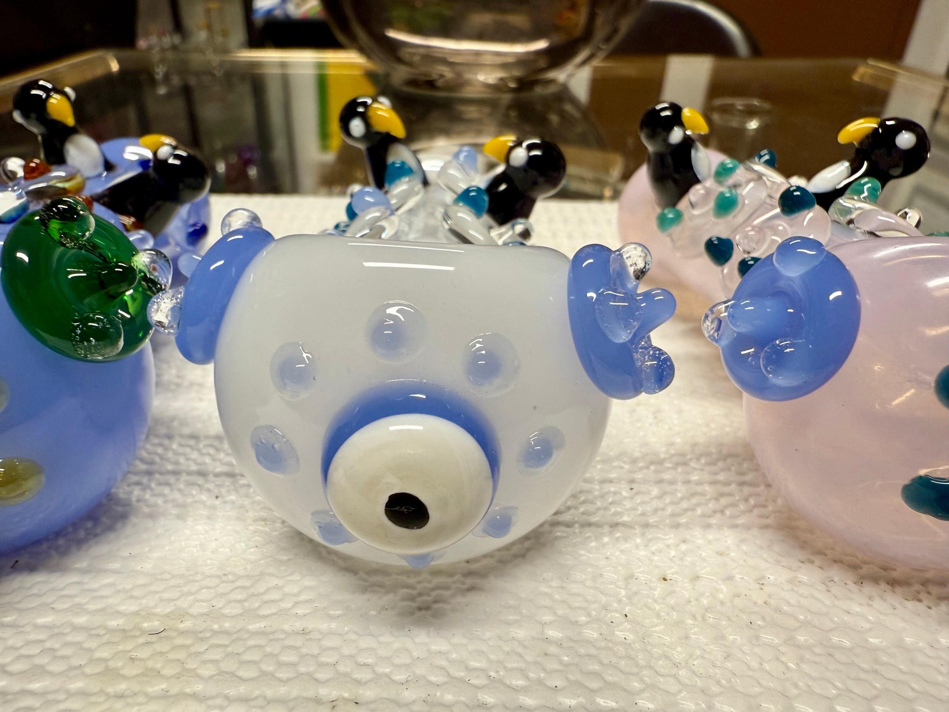 Ripkitty 4.5" Tobacco Dry Herb Hand Pipe Spoon Color Tube Glass with Penguins Art