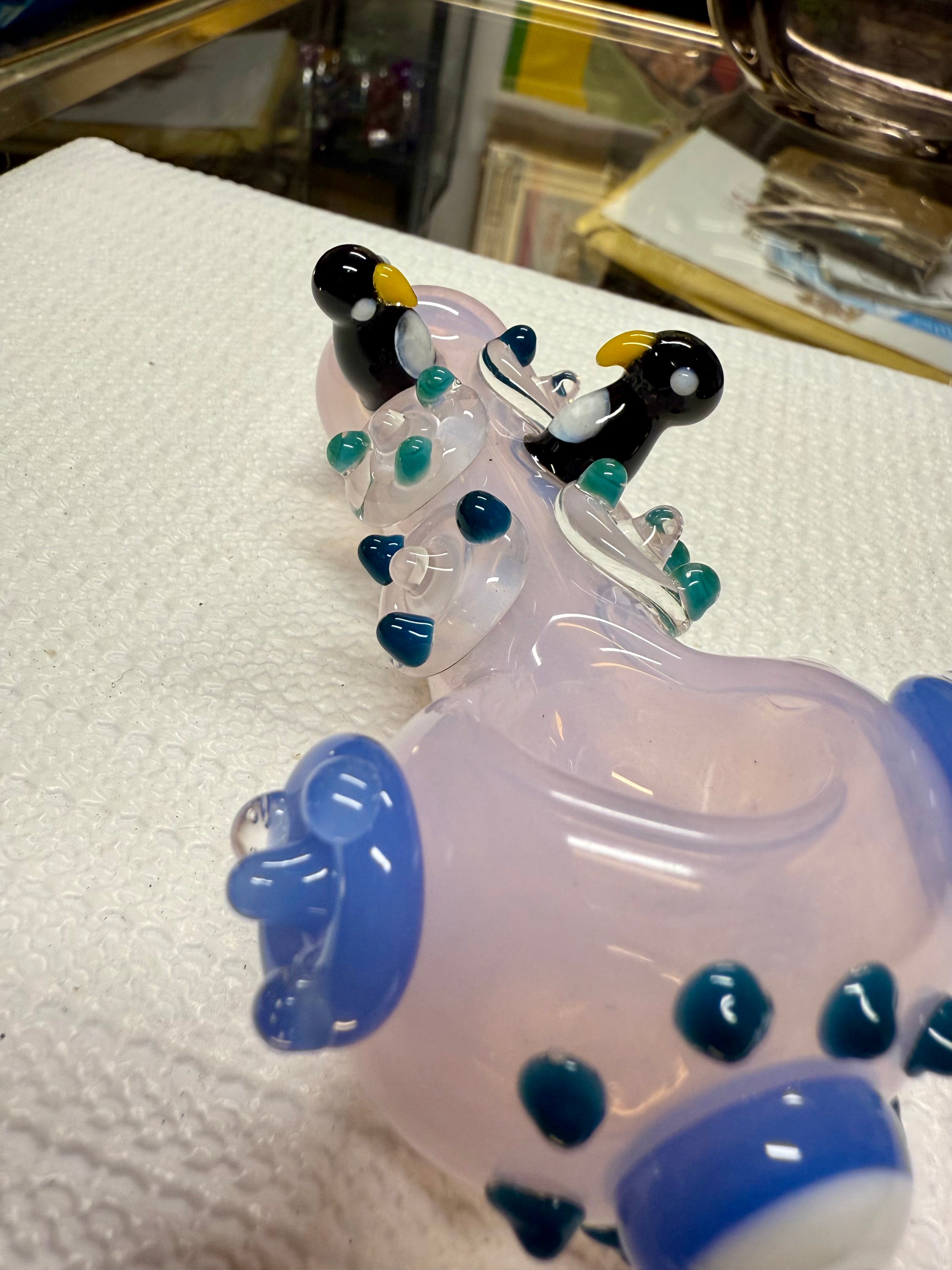 Ripkitty 4.5" Tobacco Dry Herb Hand Pipe Spoon Color Tube Glass with Penguins Art
