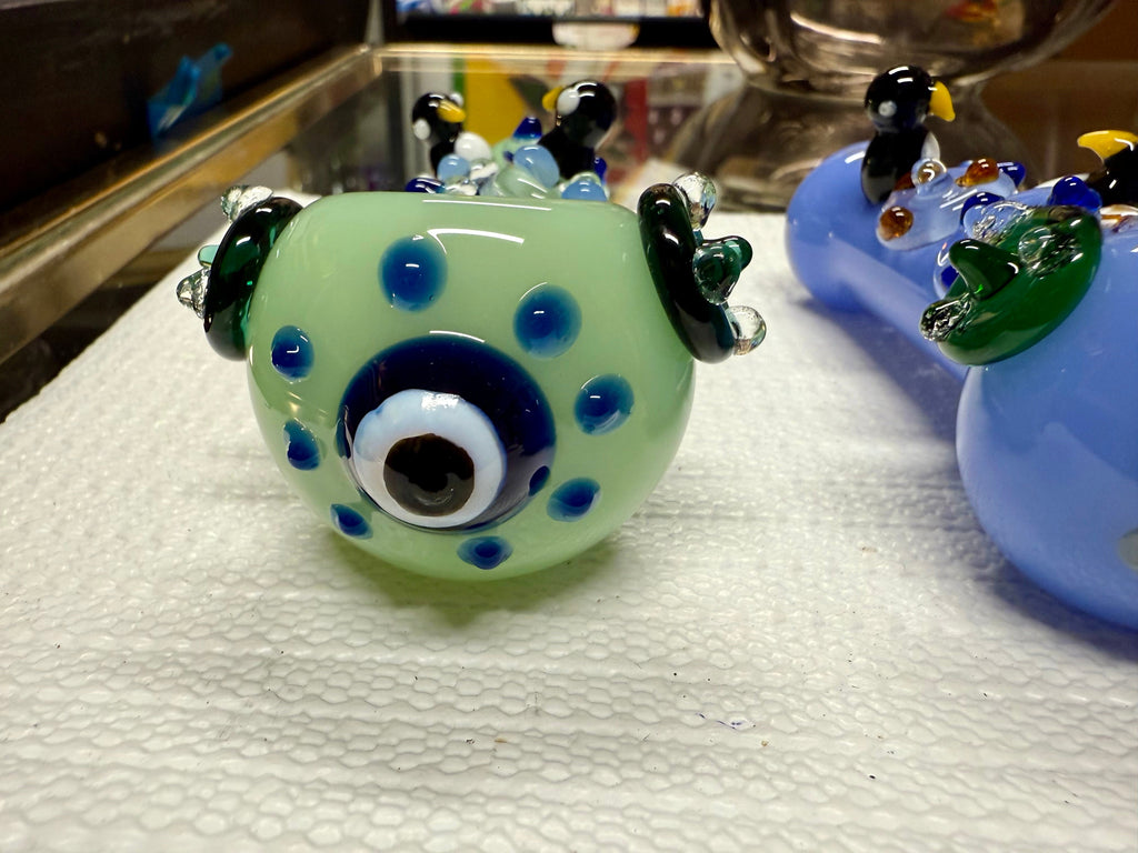 Ripkitty 4.5" Tobacco Dry Herb Hand Pipe Spoon Color Tube Glass with Penguins Art