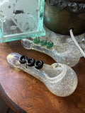 Ripkitty 4” Large Silver Fumed Frit with Marble Accents Glass Dry Herb Hand Pipe