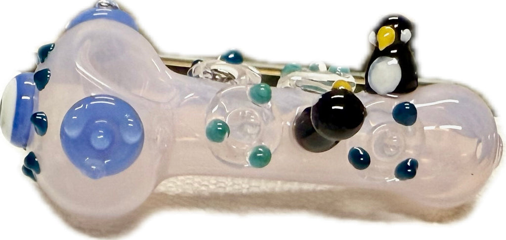 Ripkitty 4.5" Tobacco Dry Herb Hand Pipe Spoon Color Tube Glass with Penguins Art